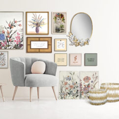 Living room interior wall mock up with pastel coral pink armchair, round pillow, pendant lamp, table and plant on empty beige wall background. 3D rendering.