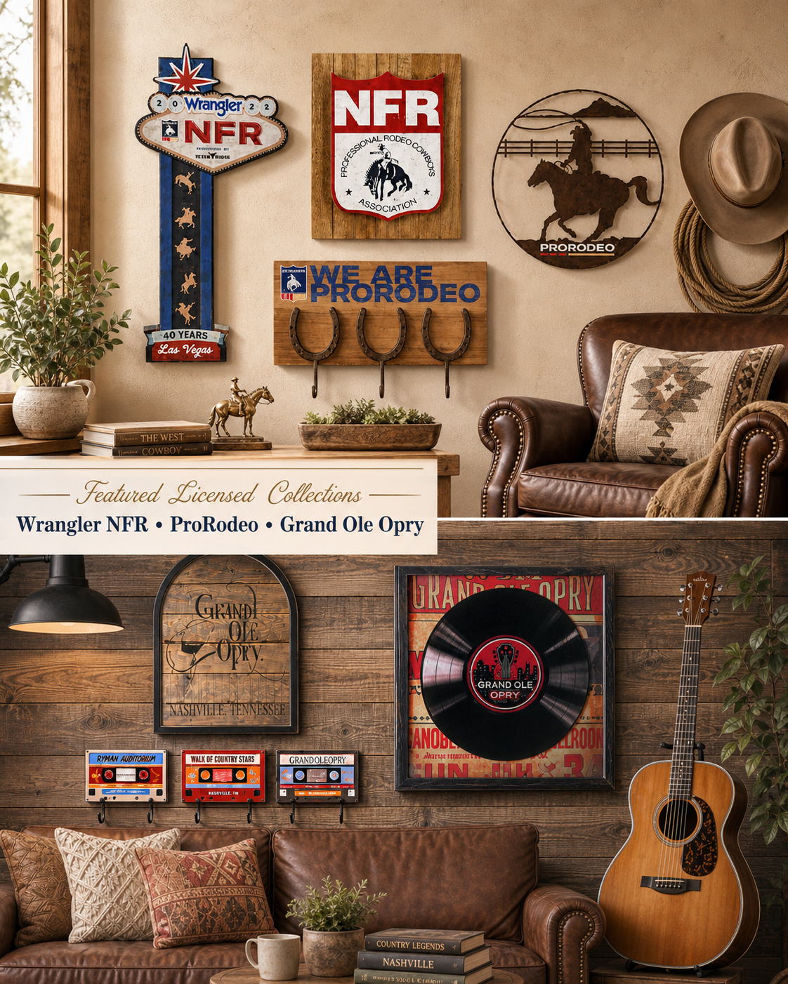 Featured licensed wall décor collections featuring ProRodeo, Wrangler NFR, and Grand Ole Opry